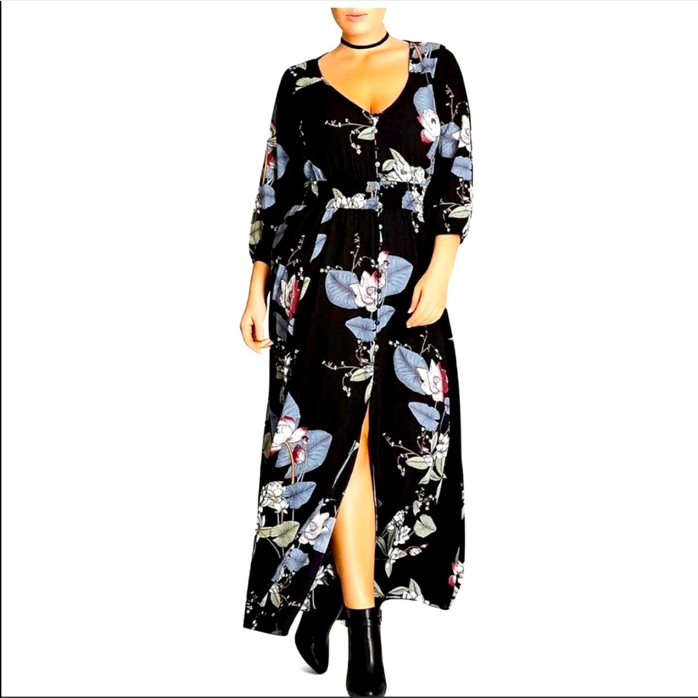 City chic long black dress with lily pads.